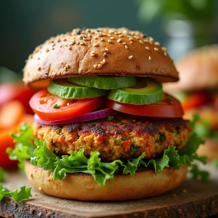 🍔🌱 Veggie Burger – A Flavorful, Plant-Based Delight! 🥒🍅__Ingredients___✅ 1 can (15 oz) black beans (drained and mashed)__✅ 1_2 cup cooked quinoa__✅ 1_2 cup breadcrumbs (whole wheat or gluten-free)__✅ 1_4 cup gr.webp